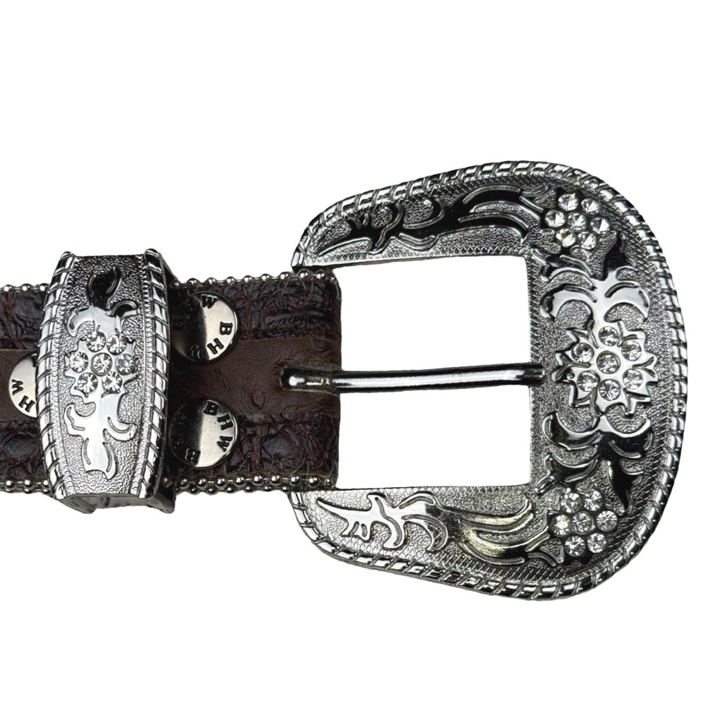 BHW Croc Leather Rhinestone Western Belt Brown Silver Floral Buckle L BHW197 - Picture 3 of 6
